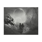 Black and white print of a lone cowboy standing in a snow-covered mountain landscape under a winter eclipse, titled 'Last Man Standing' by Big Seasons, available on StrangePastures.com.