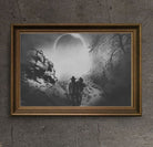 Black and white print of a lone cowboy standing in a snow-covered mountain landscape under a winter eclipse, titled 'Last Man Standing' by Big Seasons, available on StrangePastures.com.