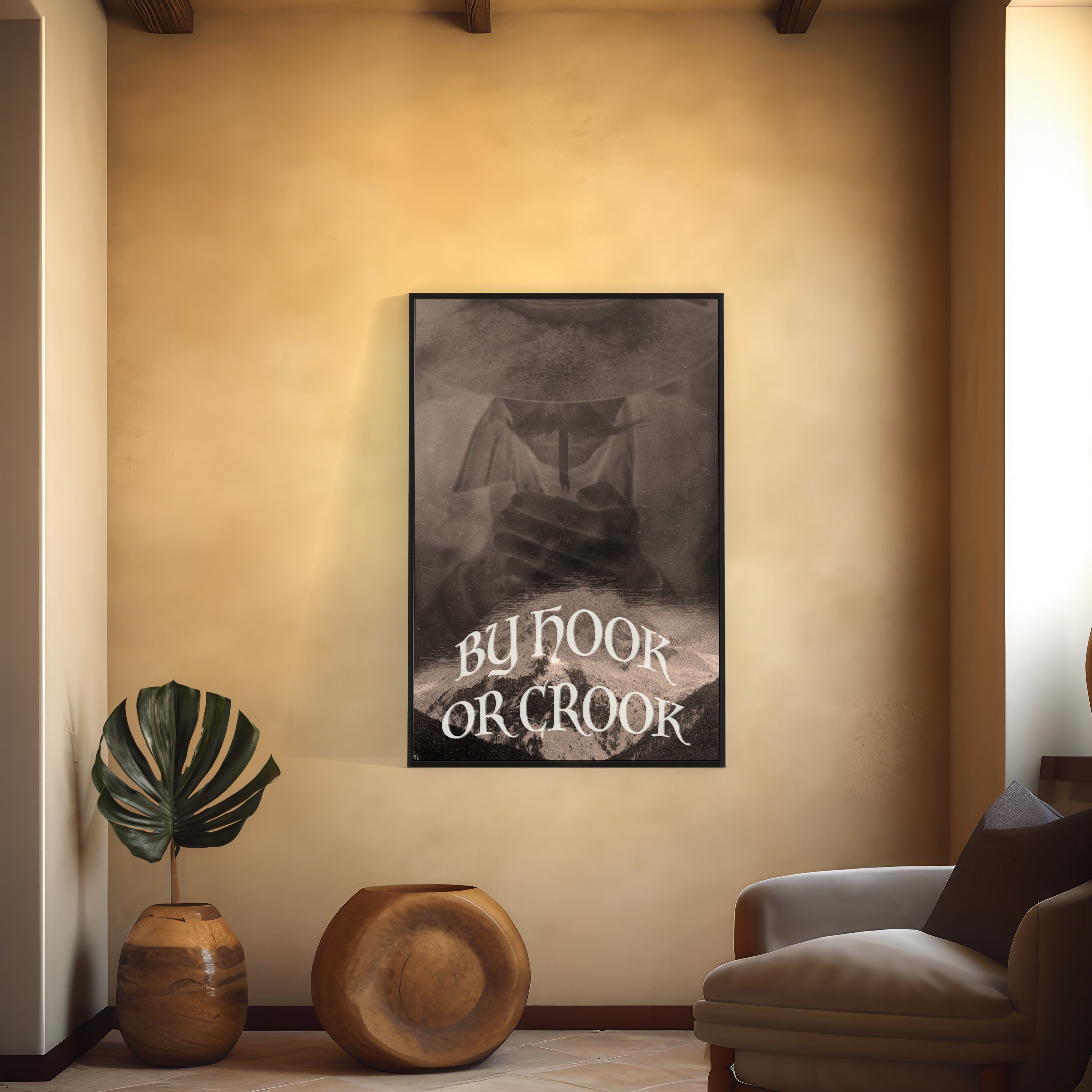 A sepia-toned art print featuring clasped hands and the phrase "By Hook or Crook" from Big Seasons, embodying the determination and resilience of the alt-western ethos.