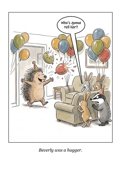 A Hugger birthday card: a hedgehog in a party hat runs in with open arms as balloons pop and rabbits and a badger look on. Caption: Beverly was a hugger.