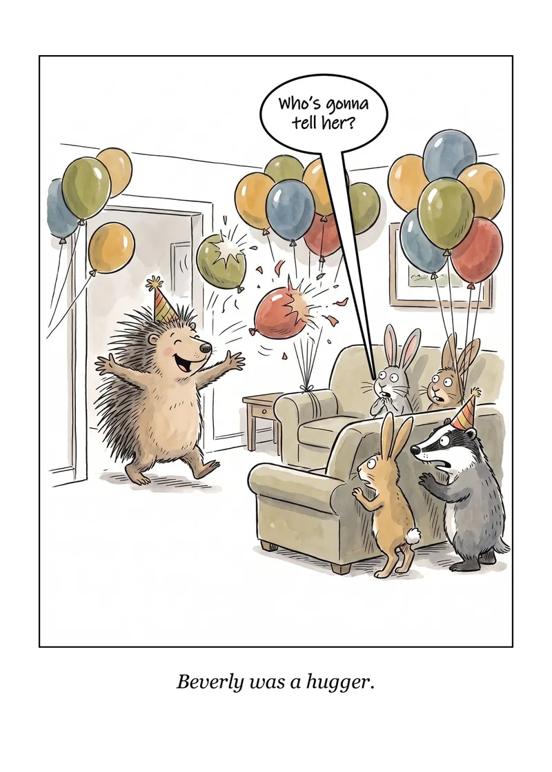 A Hugger birthday card: a hedgehog in a party hat runs in with open arms as balloons pop and rabbits and a badger look on. Caption: Beverly was a hugger.