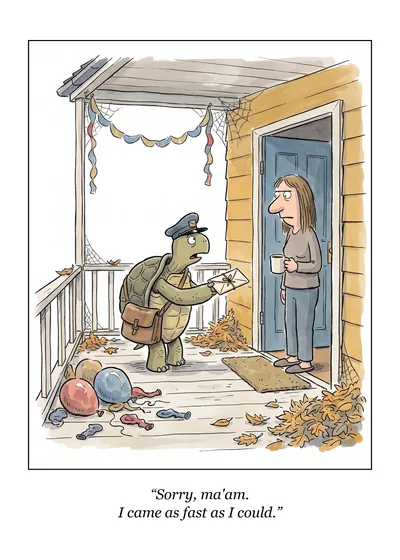 As Fast As I Could birthday card: a turtle mail carrier hands a letter to a woman at her door, beside deflated balloons. Caption: “Sorry, ma'am. I came as fast as I could.”