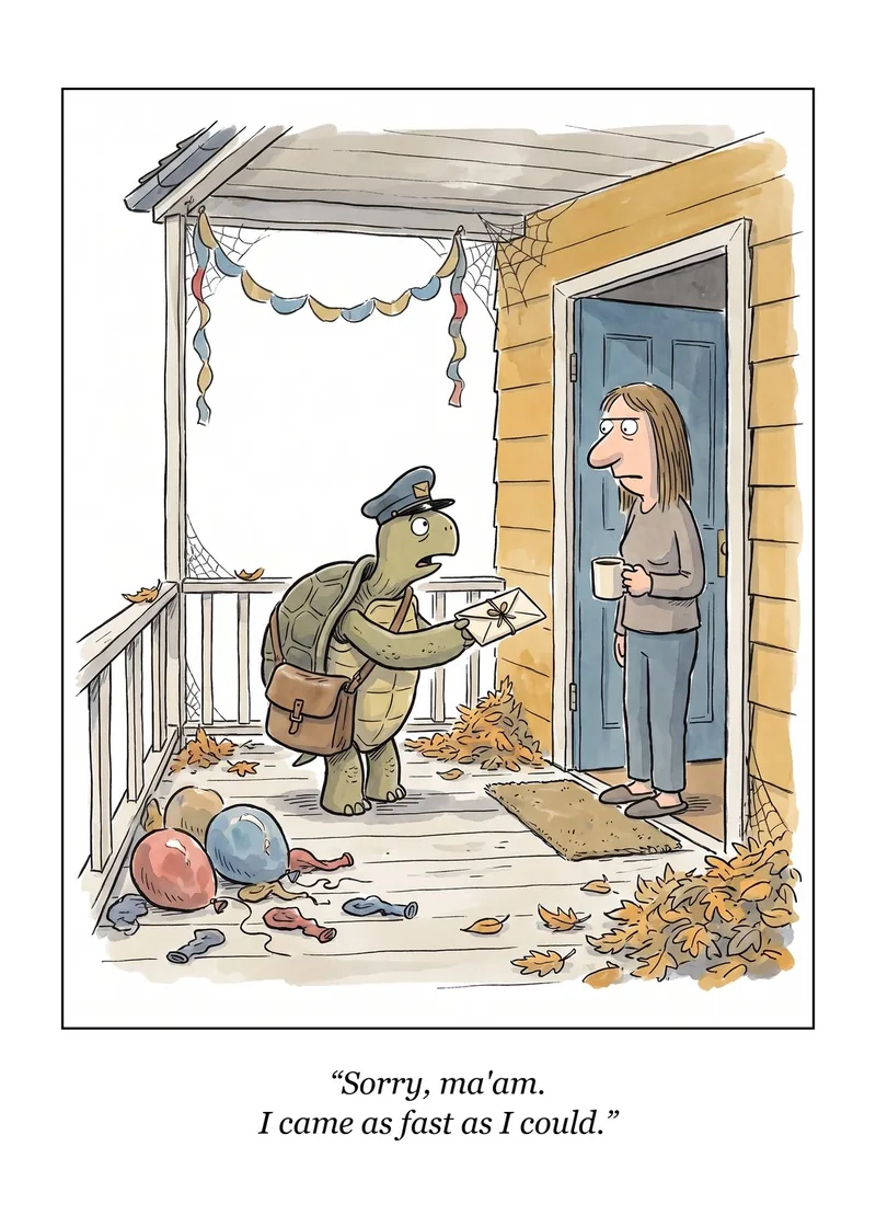 As Fast As I Could birthday card: a turtle mail carrier hands a letter to a woman at her door, beside deflated balloons. Caption: “Sorry, ma'am. I came as fast as I could.”