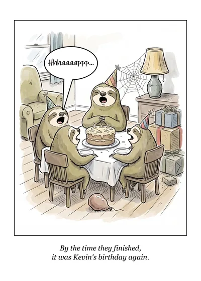 Birthday Again birthday card: four sloths in party hats sing around a birthday cake in a living room. Caption: By the time they finished, it was Kevin's birthday again.