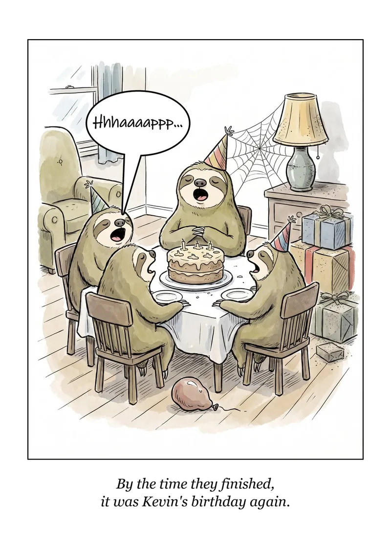 Birthday Again birthday card: four sloths in party hats sing around a birthday cake in a living room. Caption: By the time they finished, it was Kevin's birthday again.