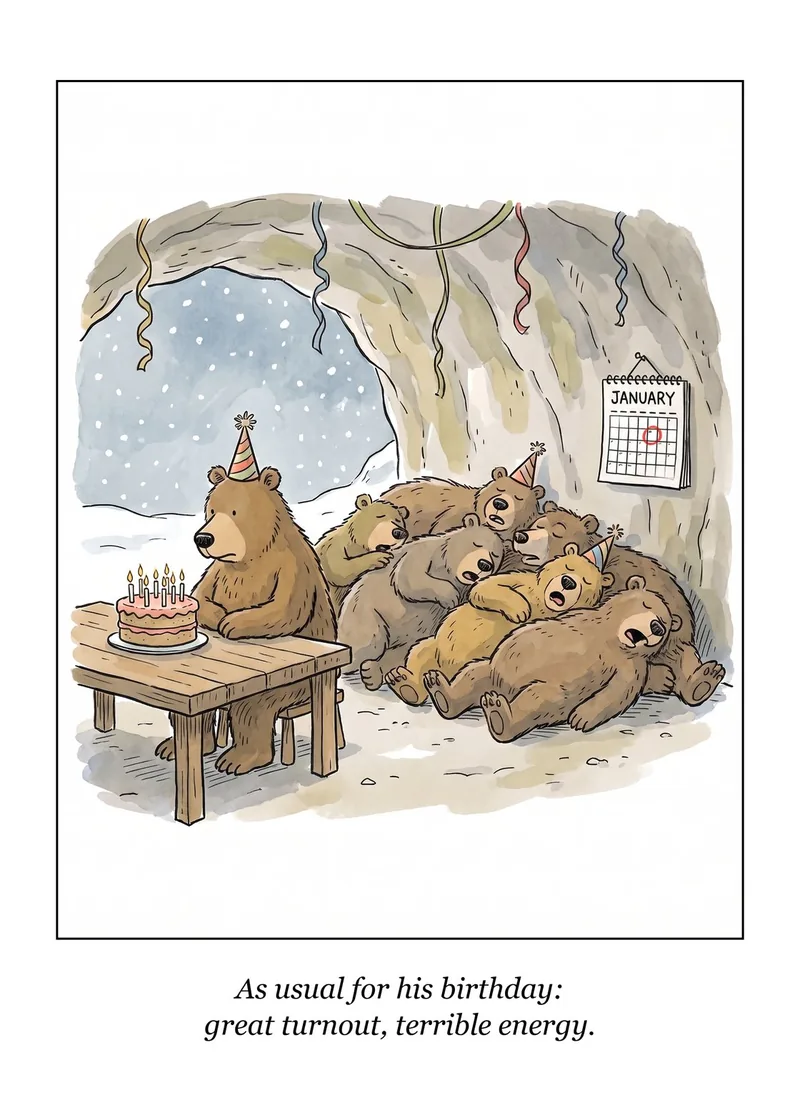 Great Turnout birthday card: a bear in a party hat sits at a cake in a cave while five bears sleep in a heap. Caption: As usual for his birthday: great turnout, terrible energy.