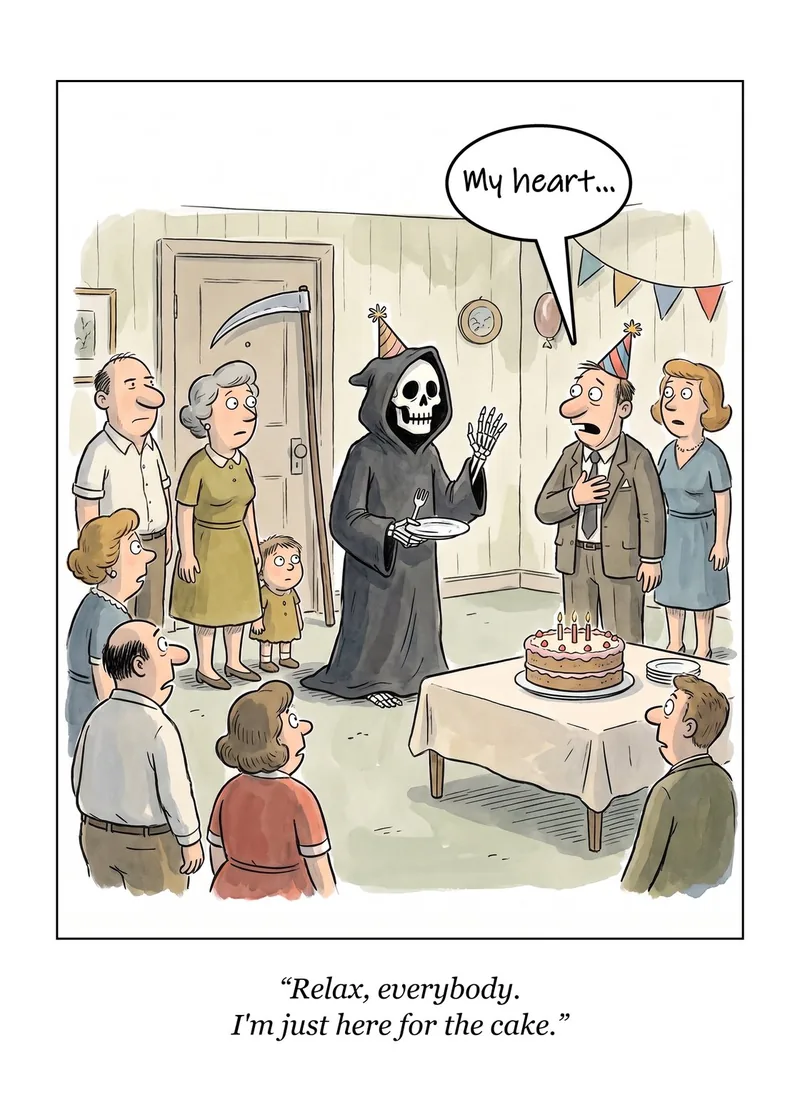 Just Here for the Cake birthday card: the Grim Reaper in a party hat holds a plate at a party as a man clutches his chest. Caption: “Relax, everybody. I'm just here for the cake.”