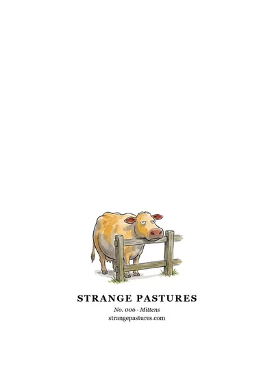 Back of the card with the small Strange Pastures cow logo