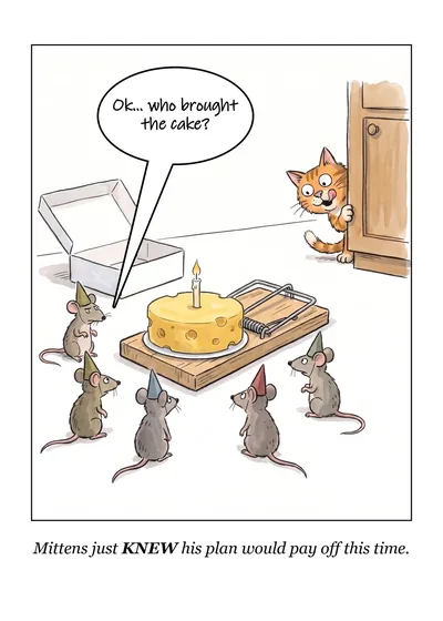 Mittens birthday card: six mice in party hats gather around a cheese cake on a mousetrap as a cat peeks around a door. Caption: Mittens just KNEW his plan would pay off this time.