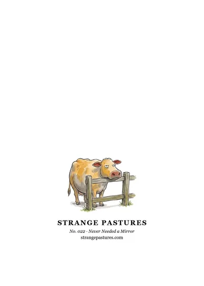 Back of the card with the small Strange Pastures cow logo