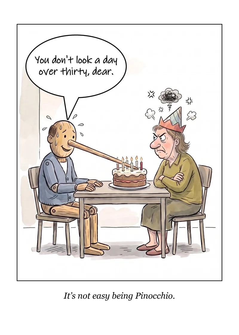 Never Needed a Mirror birthday card: Pinocchio with a long nose sits at a cake across from an angry woman in a party hat. Caption: It’s not easy being Pinocchio.