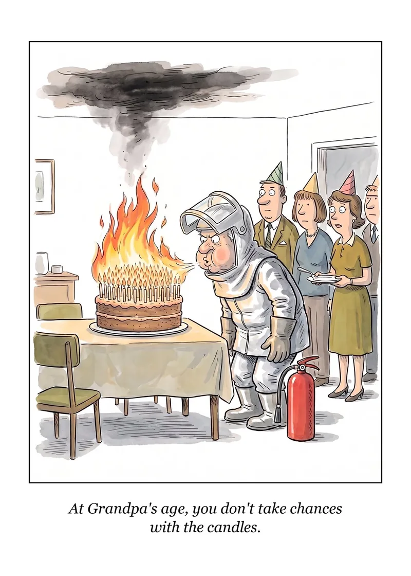 No Chances birthday card: a man in a fire suit blows at a burning cake as guests and a fire extinguisher stand by. Caption: At Grandpa's age, you don't take chances with the candles.