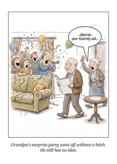 No Idea birthday card: guests cheer behind a couch as an old man walks past reading a newspaper. Caption: Grandpa's surprise party went off without a hitch. He still has no idea.