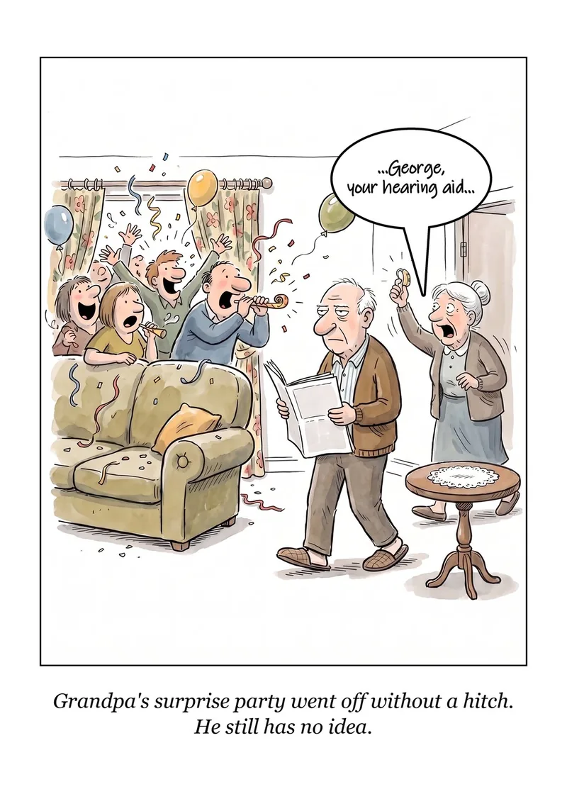 No Idea birthday card: guests cheer behind a couch as an old man walks past reading a newspaper. Caption: Grandpa's surprise party went off without a hitch. He still has no idea.