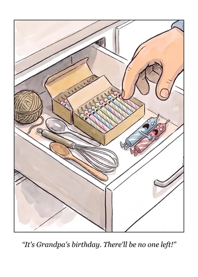 No One Left birthday card: a hand reaches into a kitchen drawer toward a box of frightened birthday candles. Caption: “It's Grandpa's birthday. There'll be no one left!”