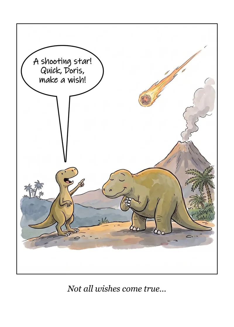 Not All Wishes birthday card: two dinosaurs watch a meteor fall; one closes its eyes. Caption: Not all wishes come true…