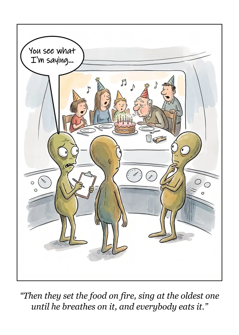 Strange Little Ritual birthday card: three aliens watch a family sing at a cake. Caption: “Then they set the food on fire, sing at the oldest one until he breathes on it, and everybody eats it.”