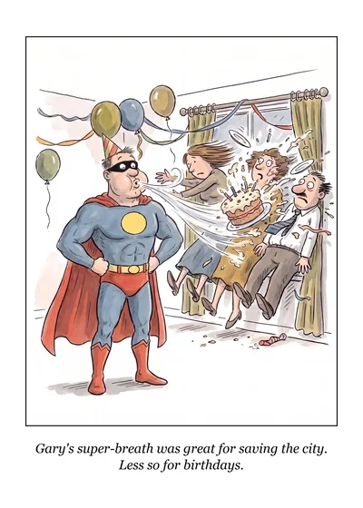 Super-Breath birthday card: a man in a superhero costume blows a cake and party guests across a room. Caption: Gary's super-breath was great for saving the city. Less so for birthdays.