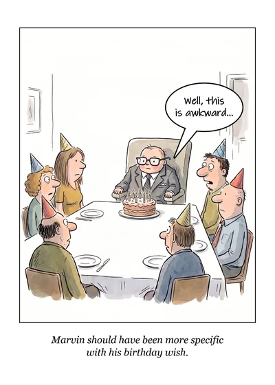 Technically birthday card: people in party hats sit at a table while a man at the far end faces a cake. Caption: Marvin should have been more specific with his birthday wish.
