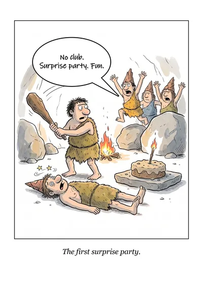 The First Surprise Party birthday card: a caveman holds a club over another caveman lying on the ground, as others cheer. Caption: The first surprise party.