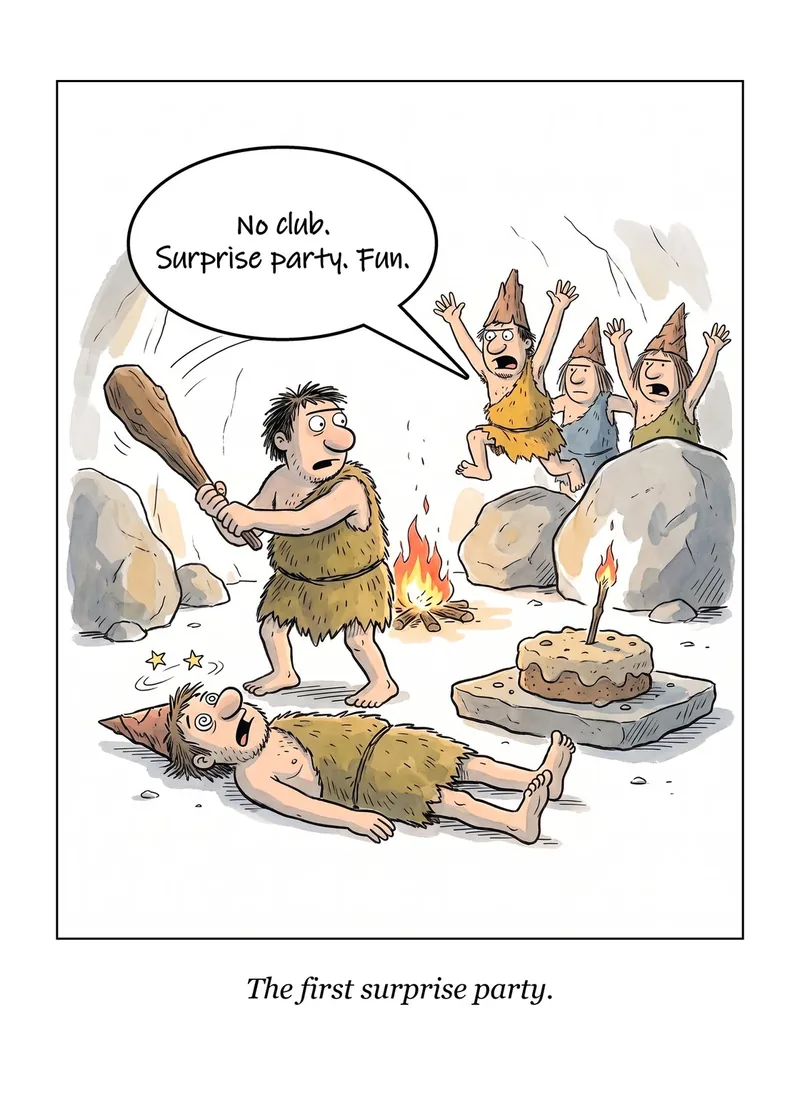 The First Surprise Party birthday card: a caveman holds a club over another caveman lying on the ground, as others cheer. Caption: The first surprise party.