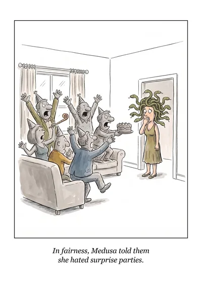 The Look birthday card: party guests cheer at a woman with snakes for hair standing in a doorway. Caption: In fairness, Medusa told them she hated surprise parties.
