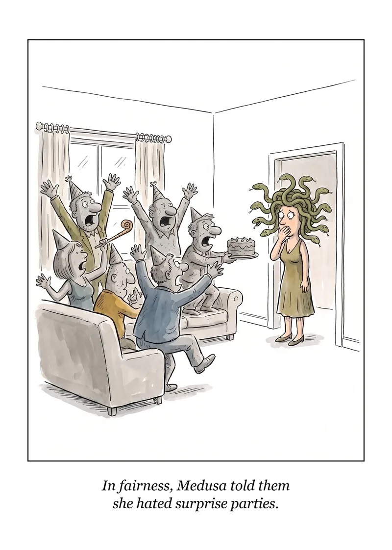 The Look birthday card: party guests cheer at a woman with snakes for hair standing in a doorway. Caption: In fairness, Medusa told them she hated surprise parties.