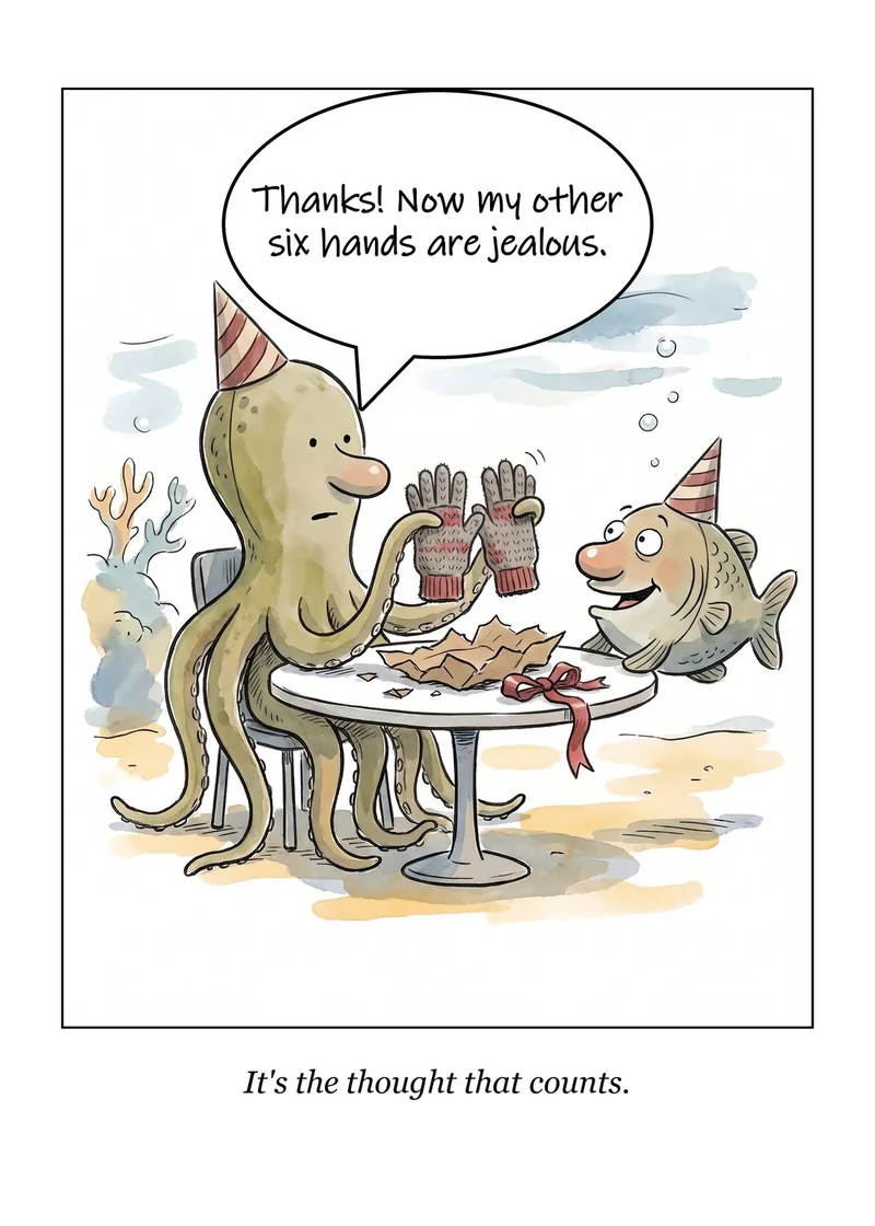 The Thought birthday card: an octopus in a party hat holds up a pair of gloves across a table from a fish in a party hat. Caption: It's the thought that counts.
