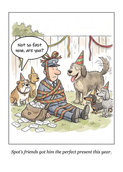 What He Always Wanted birthday card: dogs in party hats stand around a mail carrier tied up in ribbon in a backyard. Caption: Spot’s friends got him the perfect present this year.