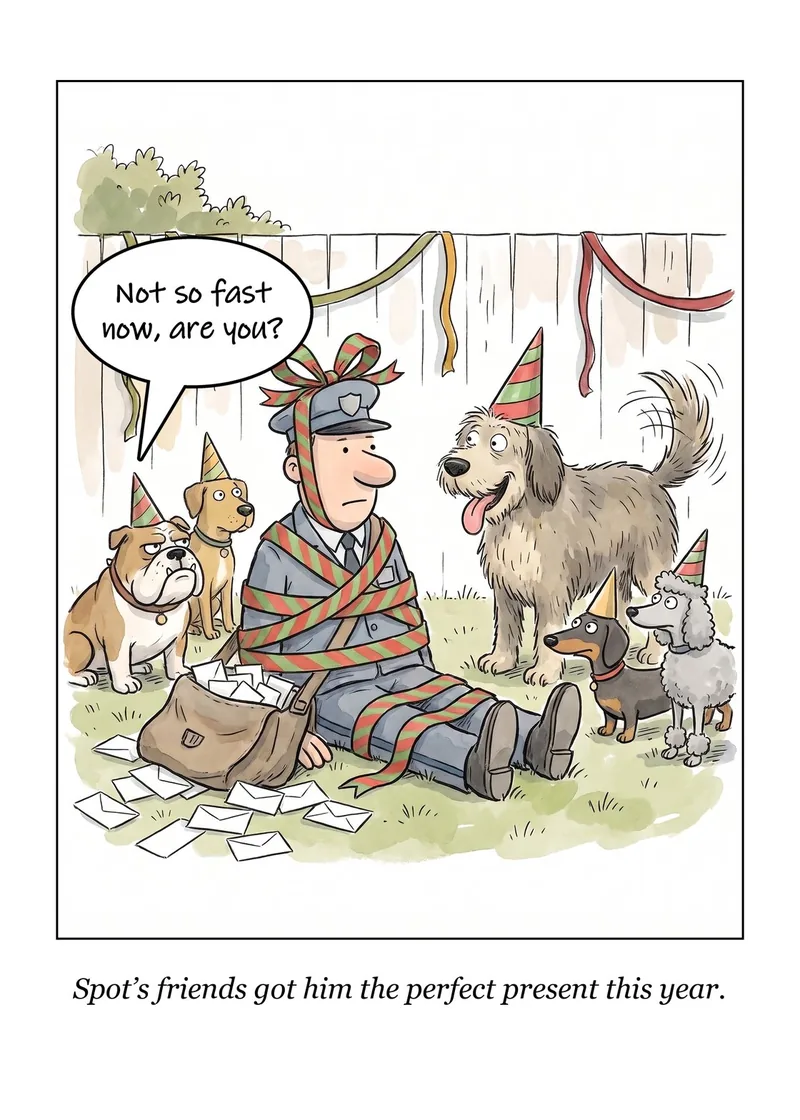 What He Always Wanted birthday card: dogs in party hats stand around a mail carrier tied up in ribbon in a backyard. Caption: Spot’s friends got him the perfect present this year.